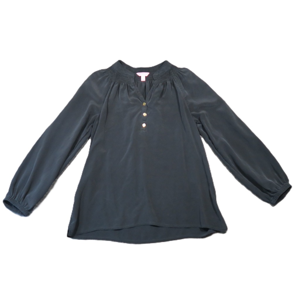 Lilly Pulitzer Silk Elsa Top S Black‎ Puff Sleeve Split V-Neck Buttons Luxury